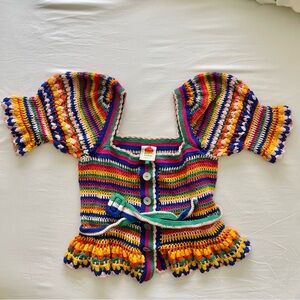 Farm Rio Multi Stitches Crochet Peplum Sweater Blouse, L